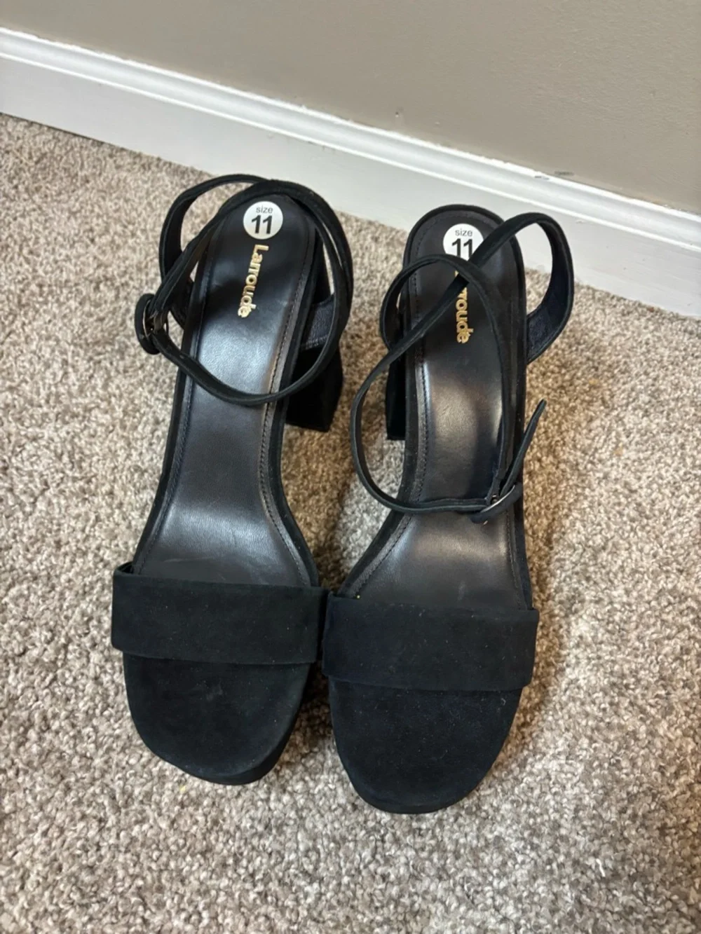 Larroude Dolly‎ Sandal Black Suede Platform Ankle Strap Block Heel